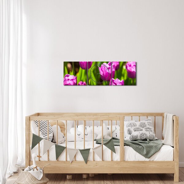 Obraz tulipánů na louce (s hodinami) (90x30 cm)