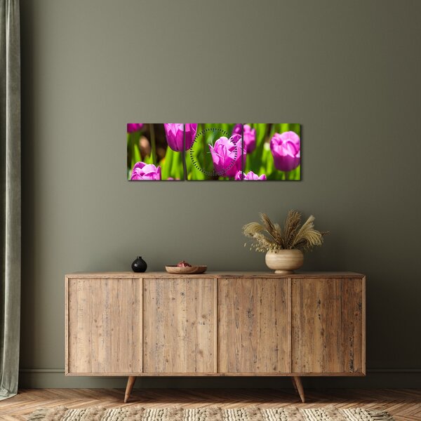 Obraz tulipánů na louce (s hodinami) (90x30 cm)