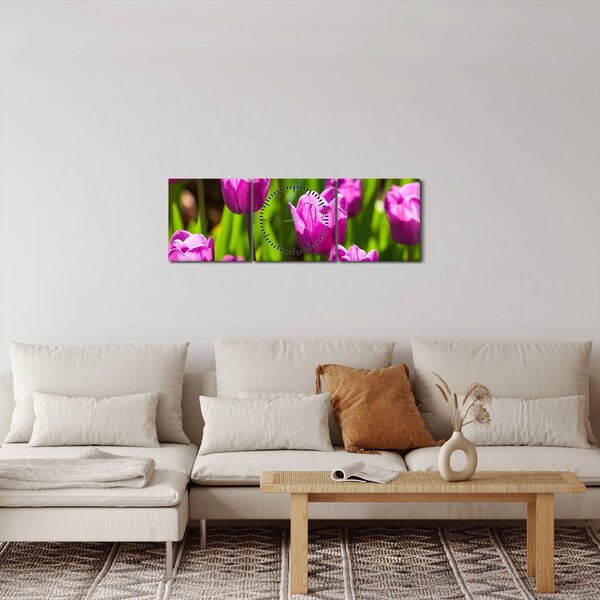 Obraz tulipánů na louce (s hodinami) (90x30 cm)