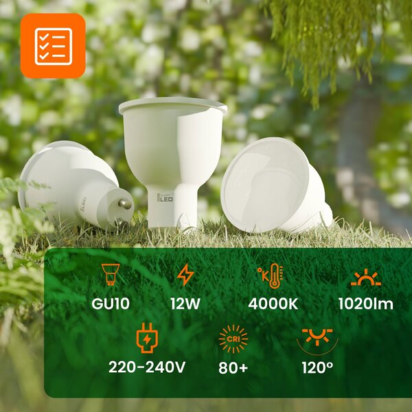 LED žárovka GU10 230 V, 12 W, 4000 K, neutrální bílá, úhel 120°