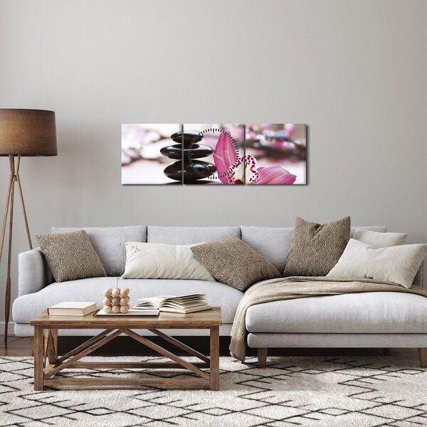 Obraz masážních kamenů a orchidee (s hodinami) (90x30 cm)