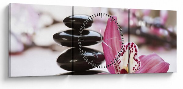 Obraz masážních kamenů a orchidee (s hodinami) (90x30 cm)