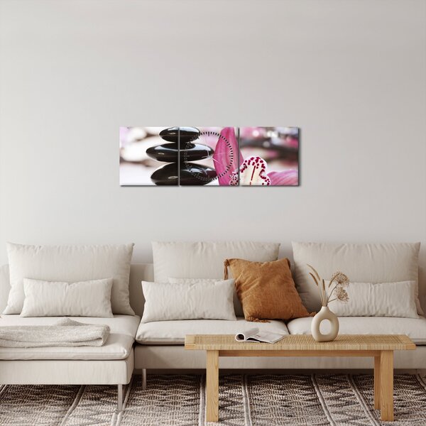 Obraz masážních kamenů a orchidee (s hodinami) (90x30 cm)