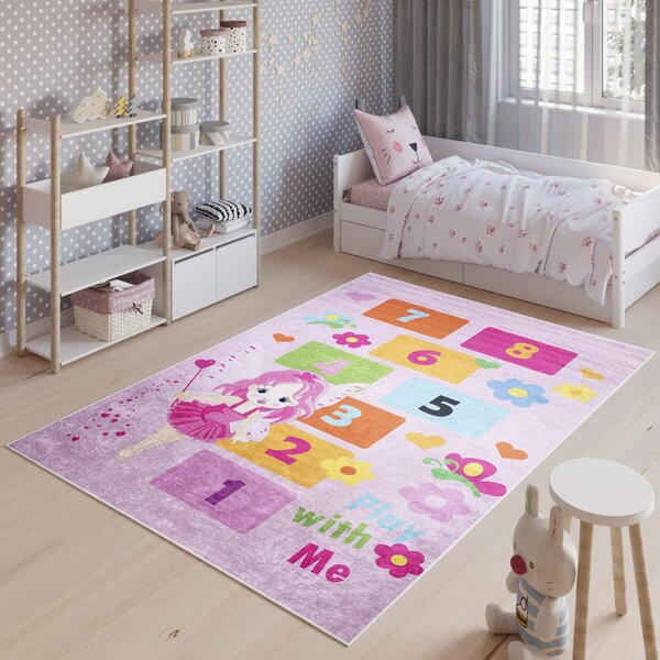 Makro Abra Dětský kusový koberec vhodný k praní BAMBINO 2138 Čísla Víla Motýlci protiskluzový růžový Rozměr: 80x150 cm