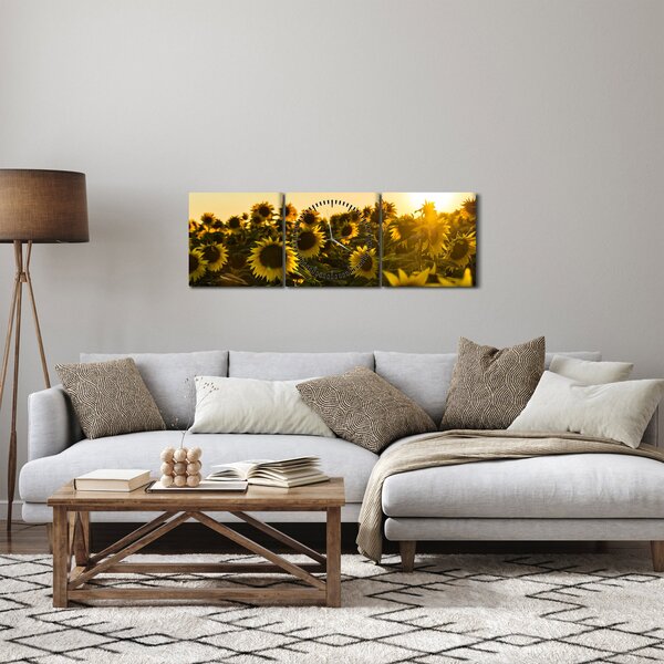 Obraz slunečnicového pole (s hodinami) (90x30 cm)