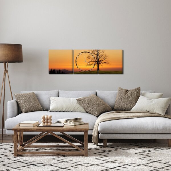 Obraz západu slunce na louce (s hodinami) (90x30 cm)
