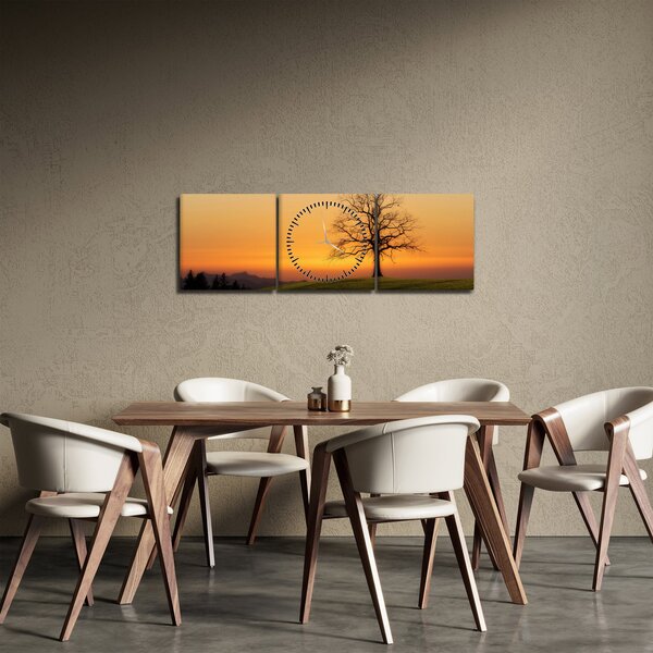 Obraz západu slunce na louce (s hodinami) (90x30 cm)