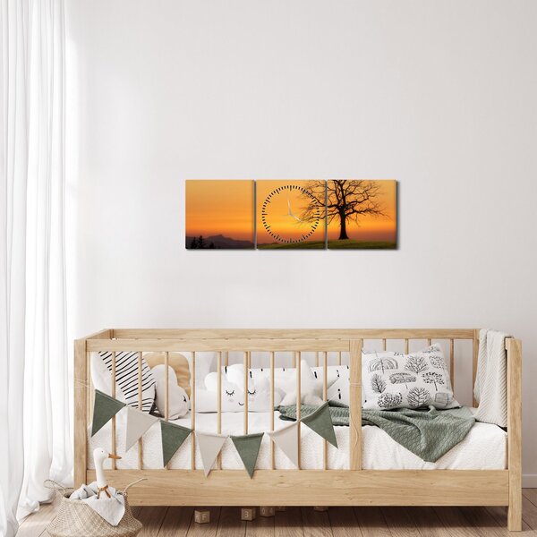 Obraz západu slunce na louce (s hodinami) (90x30 cm)