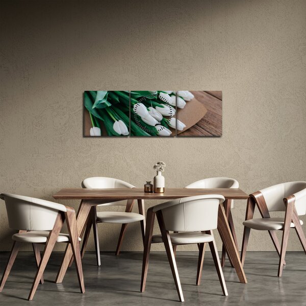 Obraz kytice bílých tulipánů (s hodinami) (90x30 cm)