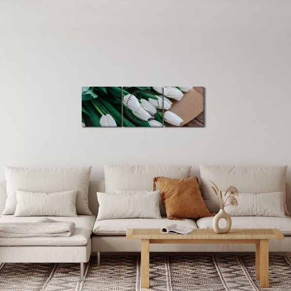 Obraz kytice bílých tulipánů (s hodinami) (90x30 cm)