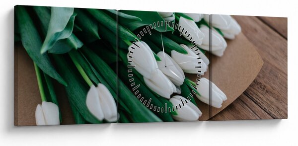 Obraz kytice bílých tulipánů (s hodinami) (90x30 cm)