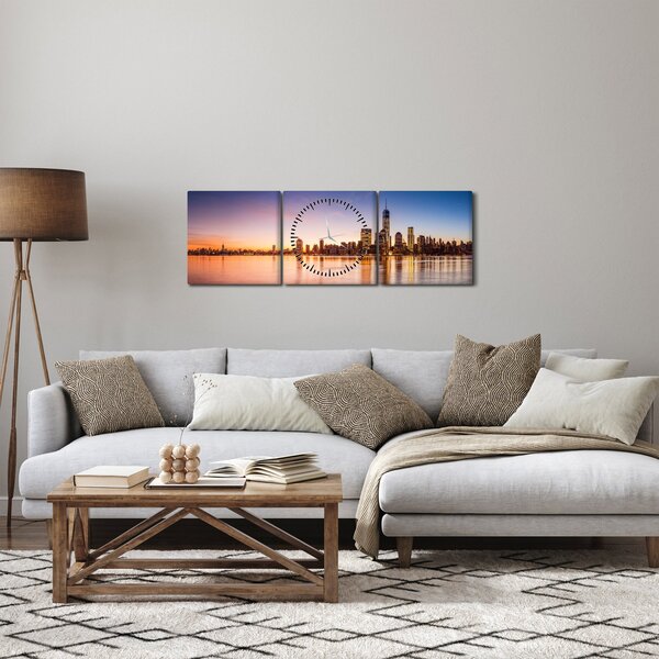Obraz města při západu slunce (s hodinami) (90x30 cm)