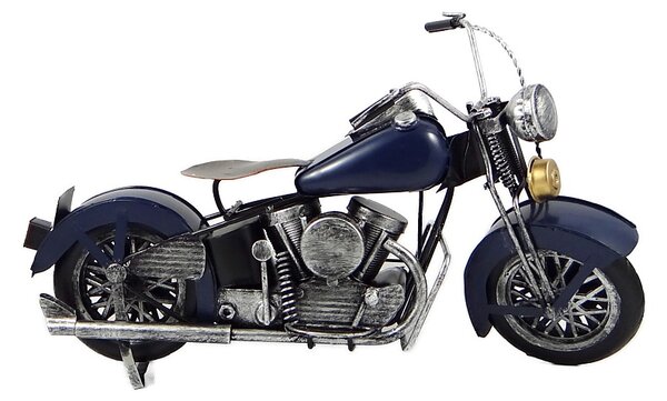 Kovový model motorky Cruiser/Bobber modrý 29 cm – stylová dekorace pro motorkáře