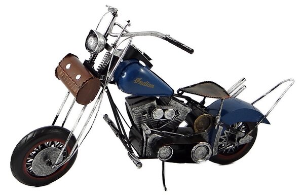 Kovový model motorky Cruiser/Bobber modrý 29 cm – stylová dekorace pro motorkáře