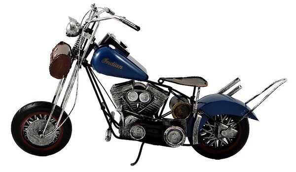 Kovový model motorky Cruiser/Bobber modrý 29 cm – stylová dekorace pro motorkáře