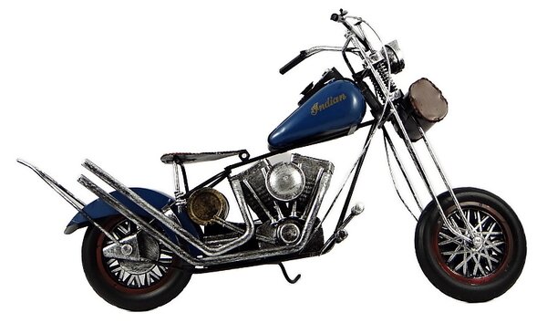 Kovový model motorky Cruiser/Bobber modrý 29 cm – stylová dekorace pro motorkáře