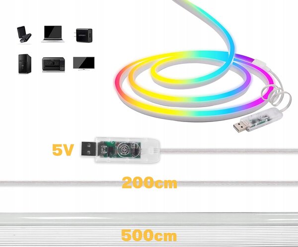 LED neonový pásek 5 V, 5 m, USB, IP65