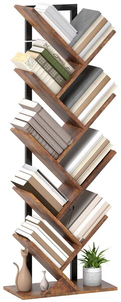HOMCOM knihovna ve tvaru stromu, 9patrový průmyslový regál s ocelovým rámem pro knihy, CD, DVD, alba — rustikální hnědá — 50 x 24 x 136 cm | Aosom