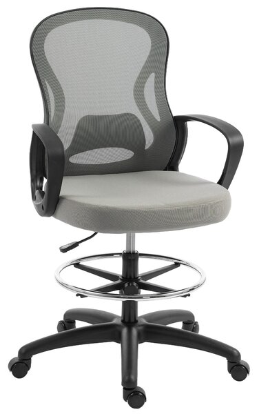 Vinsetto ergonomická kreslící židle s opěrkou nohou a područkami — síťovina, výškově nastavitelná, bederní opora, 360° otáčení — šedá | Aosom