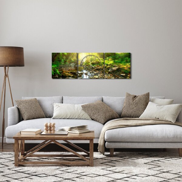 Obraz řeky v zeleném lese (s hodinami) (90x30 cm)