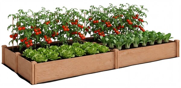 Outsunny dřevěný vyvýšený záhon 234 × 109 × 25 cm — 4 sekce, otevřené dno, montáž bez nářadí, světle hnědý | Aosom