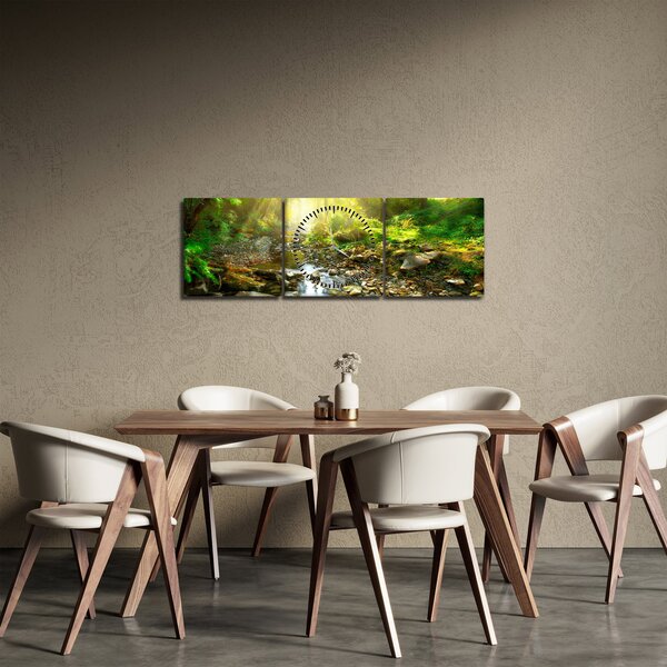 Obraz řeky v zeleném lese (s hodinami) (90x30 cm)