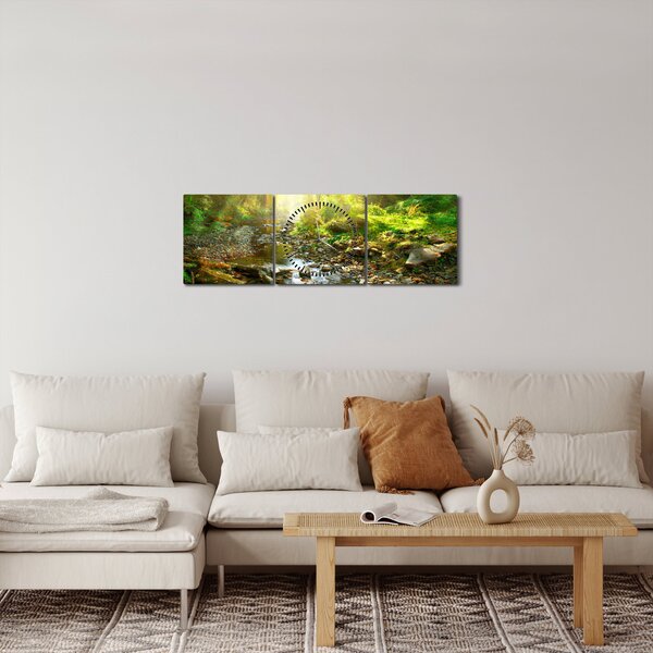 Obraz řeky v zeleném lese (s hodinami) (90x30 cm)