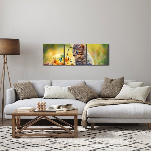 Obraz koťátka dívající se na květinu (s hodinami) (90x30 cm)