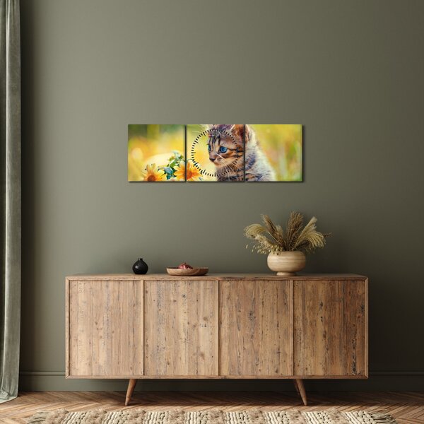 Obraz koťátka dívající se na květinu (s hodinami) (90x30 cm)