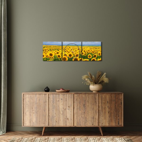 Obraz slunečnicového pole (s hodinami) (90x30 cm)