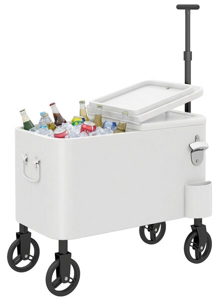 Outsunny chladicí vozík 56 l s nastavitelnou rukojetí, otvírákem a sběračem víček — venkovní chladicí stolek na zahradu, párty, BBQ — 75 x 35 x 120 cm