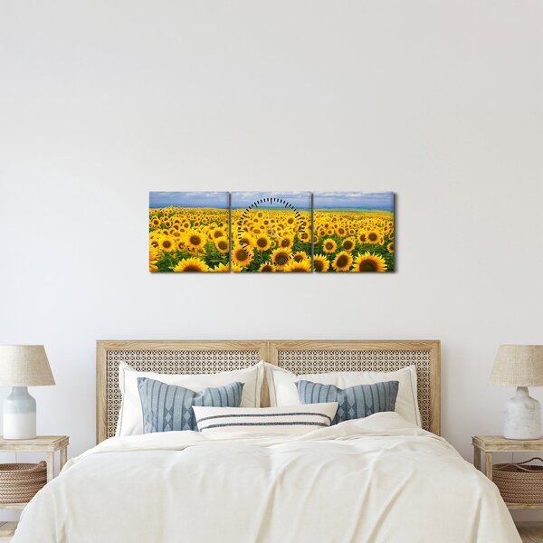 Obraz slunečnicového pole (s hodinami) (90x30 cm)