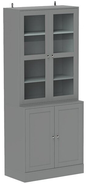 HOMCOM 6patrová vitrína/knihovna se 4 dvířky (2 kalená skla), nastavitelné police — šedá — 76 × 40 × 178,5 cm | Aosom