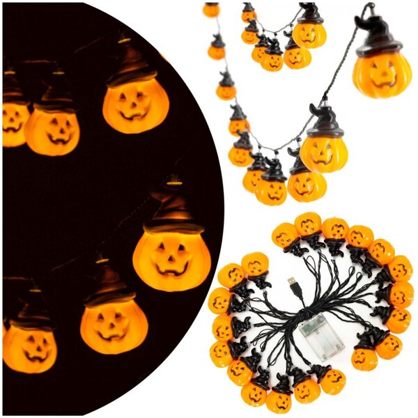 Halloweenský světelný řetěz s dýněmi 20 LED 5,3 m SPRINGOS CL4178 teplá oranžová