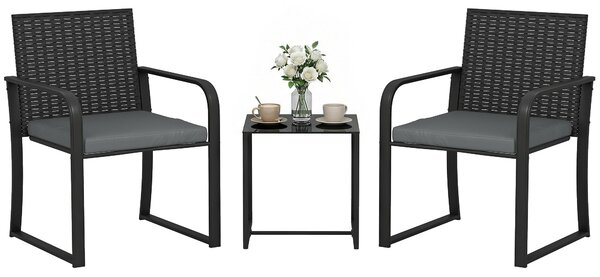 Outsunny 3-Piece Outdoor Rattan Patio Set — 2 Cushioned Chairs & Tempered Glass Side Table, Weather-Resistant, Gray | Aosom