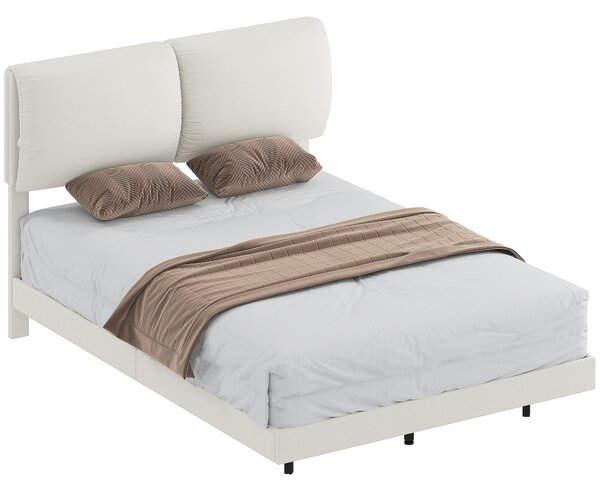HOMCOM čalouněný rám dvojlůžka 135 x 190 cm, polstrované čelo se dvěma polštáři, plovoucí efekt, kovový rám a dřevěné latě, tichý, moderní - béžová |
