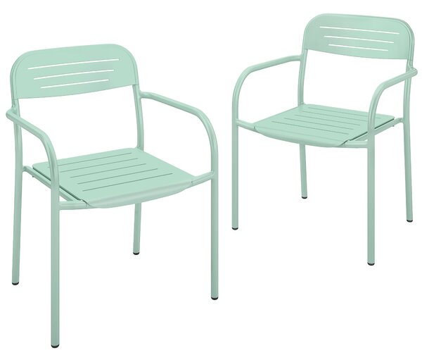 Outsunny 2ks zahradních židlí — stohovatelné kovové židle s lamelovým sedákem, odolné proti počasí, nosnost 120 kg, 56 x 58 x 78 cm — šalvějově zelené