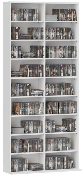 HOMCOM skříňka na CD a DVD — až 640 CD / 360 DVD / 430 Blu-ray, 18 přihrádek, 14 nastavitelných polic, bílá, 78,5 × 24 × 175 cm | Aosom