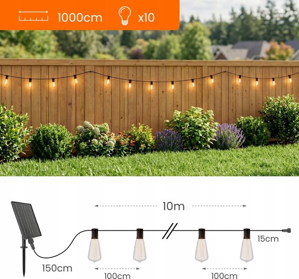 Solární světelný řetěz E12 10 m, teplá bílá, IP65