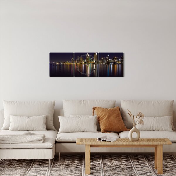Obraz nočního města (s hodinami) (90x30 cm)