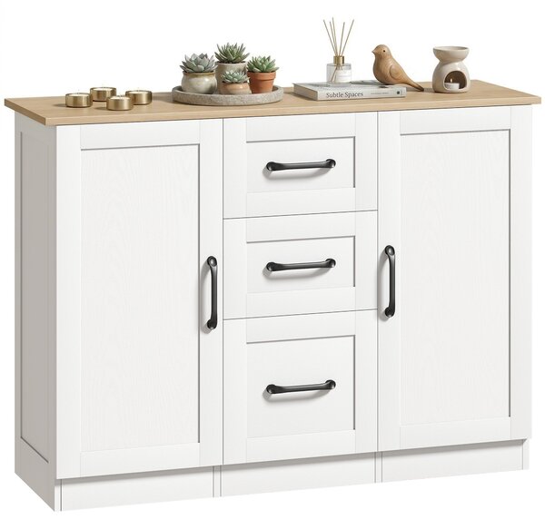 HOMCOM komoda s 2 tlumeně dovíranými dveřmi a 3 zásuvkami, moderní bufet do jídelny a kuchyně, 110 × 35 × 80,4 cm, bílá / přírodní dekor | Aosom