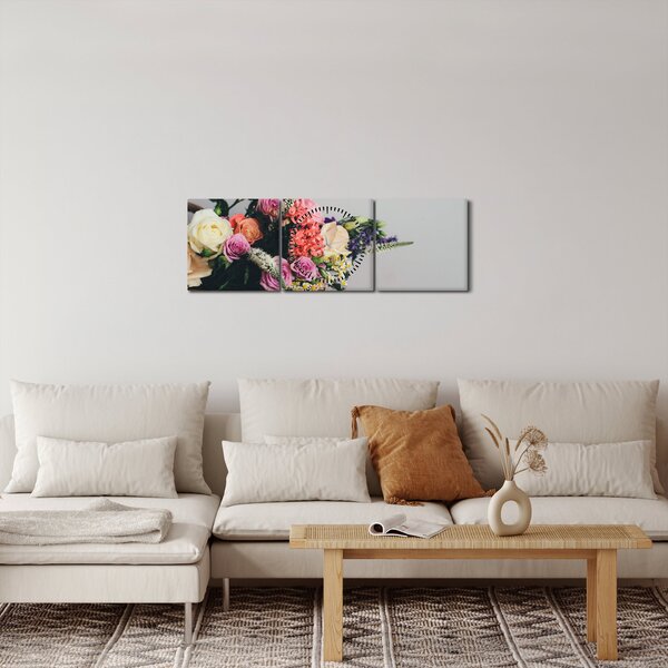 Obraz koše s květinami (s hodinami) (90x30 cm)