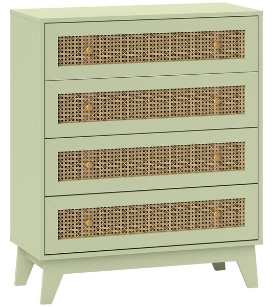 HOMCOM komoda se 4 zásuvkami a ratanovými předními plochami, světlé dřevo a zelená — 80 × 35 × 95 cm | Aosom