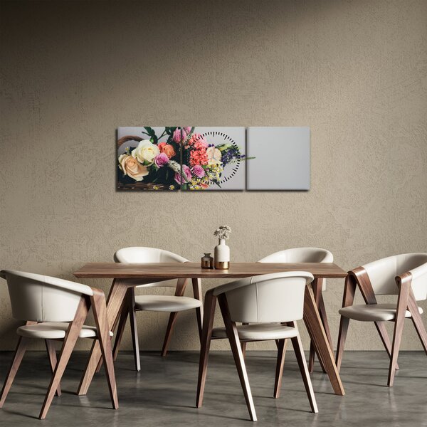 Obraz koše s květinami (s hodinami) (90x30 cm)