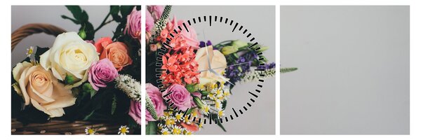 Obraz koše s květinami (s hodinami) (90x30 cm)