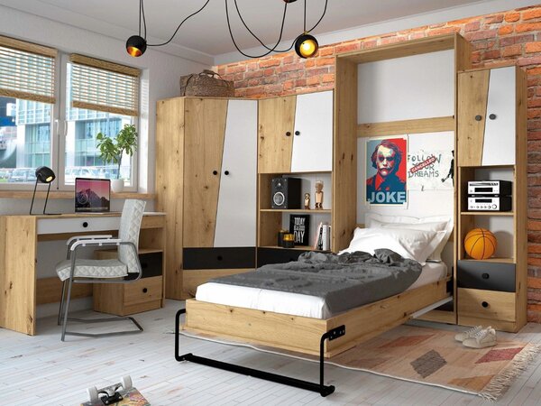 PARADISE 01 šatní skříň, dub artisan/bílá mat/šuplík černý mat