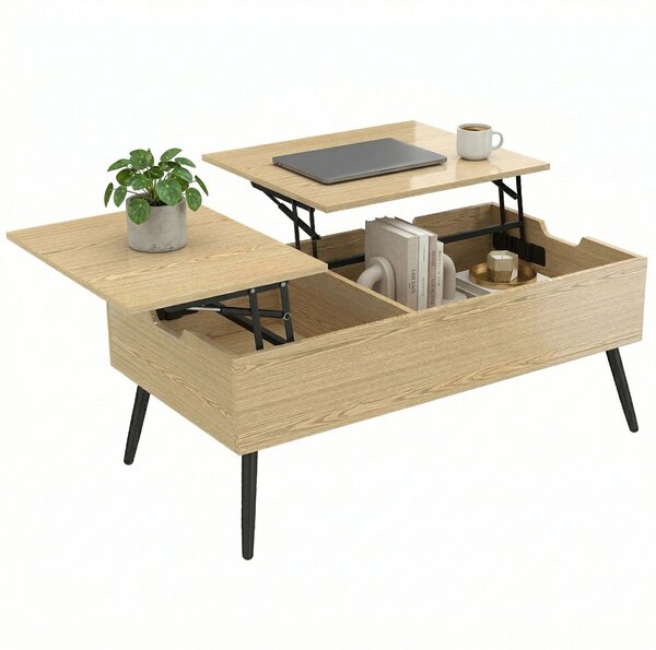 HOMCOM konferenční stolek s výsuvnými deskami, úložným prostorem a kovovými nohami — obývací pokoj/kancelář, 100,1 x 50,0 x 57,9 cm, přírodní dřevěný