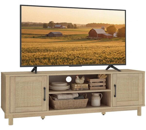 HOMCOM ratanový TV stolek 135 cm pro televizory do 165 cm (65") — 2 ratanová dvířka, otevřené police, boho dub | Aosom