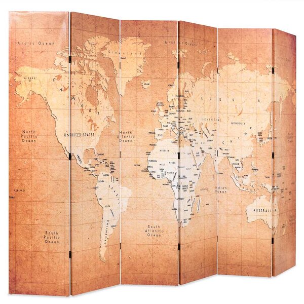 Skládací paraván 228 x 170 cm Mapa světa žlutá 245880