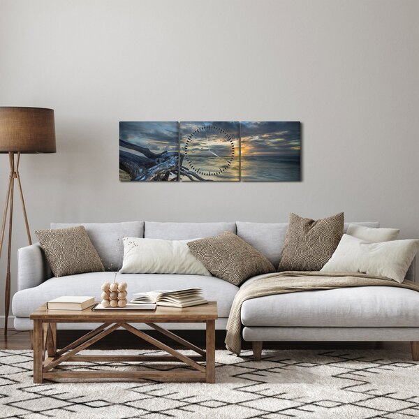 Obraz moře se západem slunce (s hodinami) (90x30 cm)